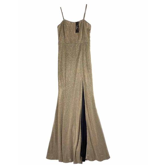 Lulu’s Small Gold Gown Spaghetti Strap Body Con Maxi Dress Side Slit Prom Formal - Picture 1 of 14